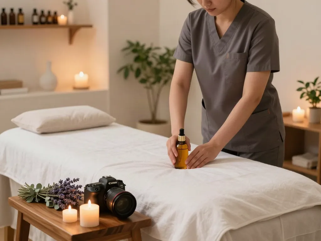Experience 남양주출장마사지 in a tranquil massage room with soft linens, scented oils, and calming atmosphere.