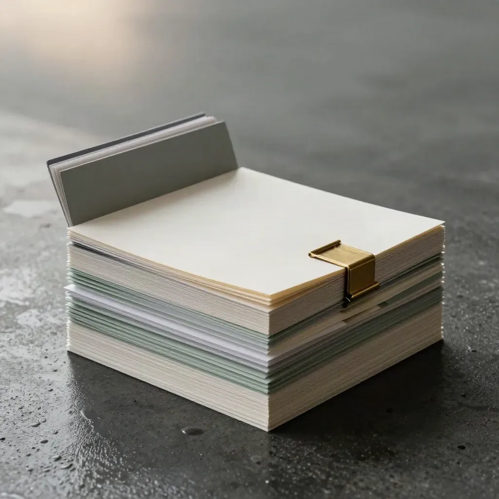 Oversized creator trend folio stack on wet stone with tabs, inserts, sleeve and brass clip in dawn mist.