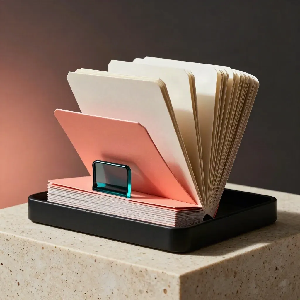 Exploding Creator Trends Q4 bundle with coral tabs, teal clip and ivory cards on a matte black tray.