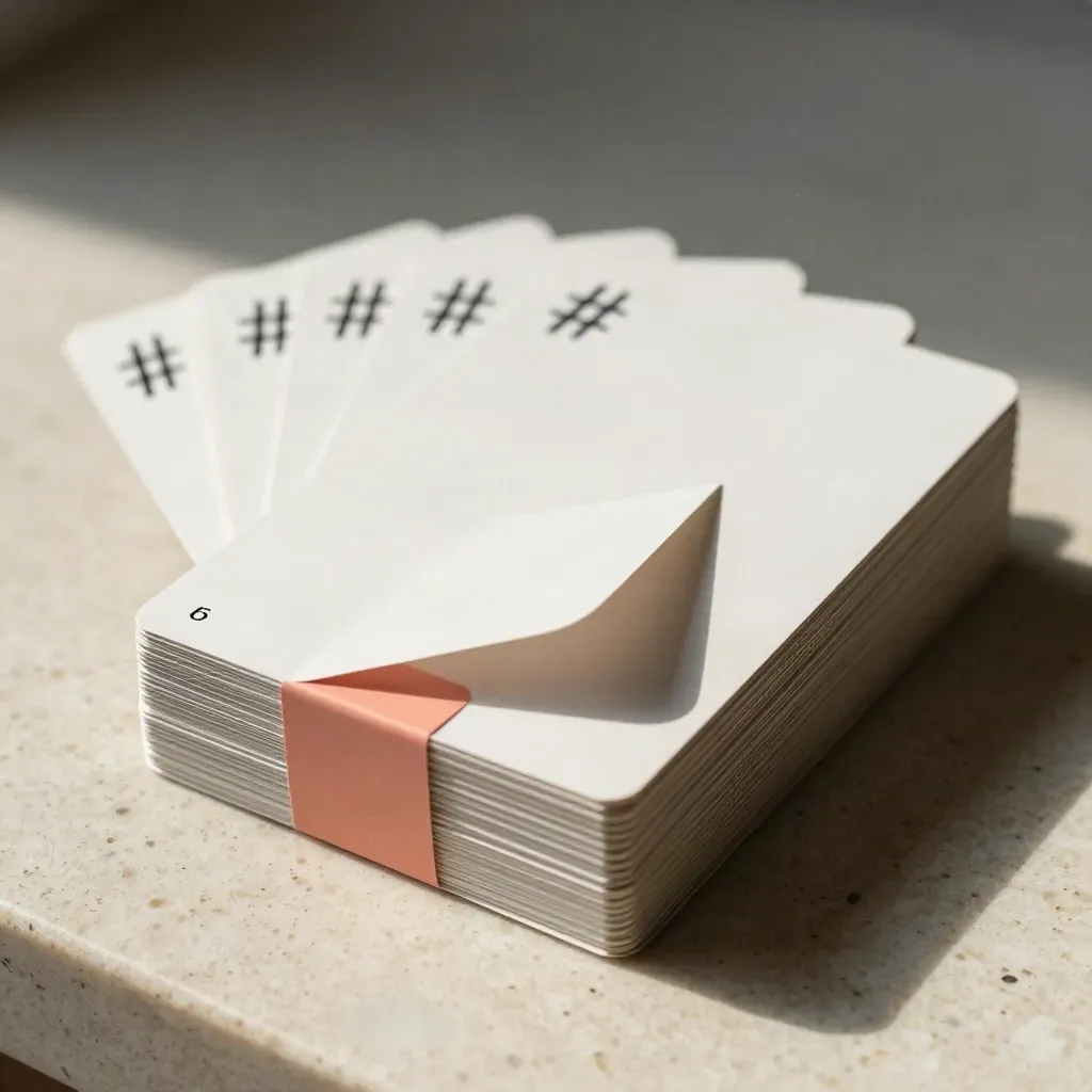 Charcoal hashtag audit card deck fanned on travertine with a frosted sleeve and coral accent.