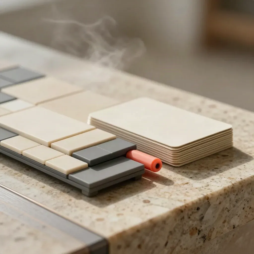 Macro of layered trend tracker tiles, coral marker and cards on travertine with soft daylight.