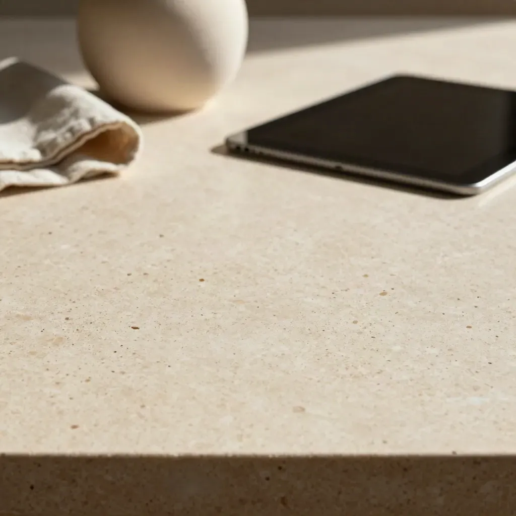 Travertine surface with ceramic vessel, linen fold, and dark tablet edge in warm daylight.