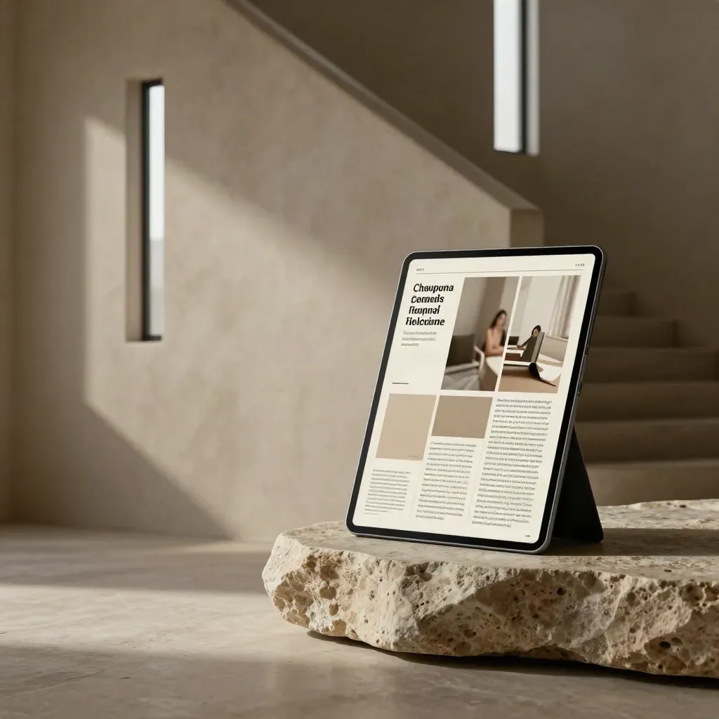 Plaster stair hall with a stone landing and an ivory campaign folio in soft daylight.